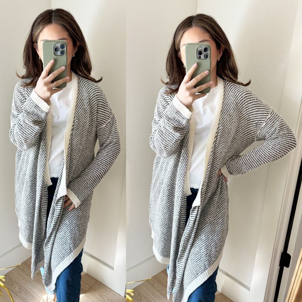 Eileen Fisher Classic Boucle Striped Waterfall Cardigan Black and White Medium